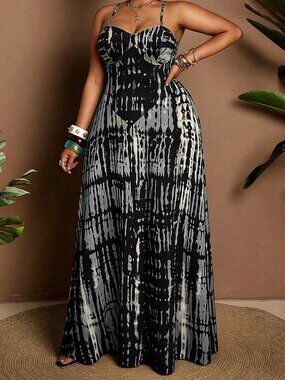 Grey Boho Women's Plus Size Strappy tie dye Sexy maxi Dress